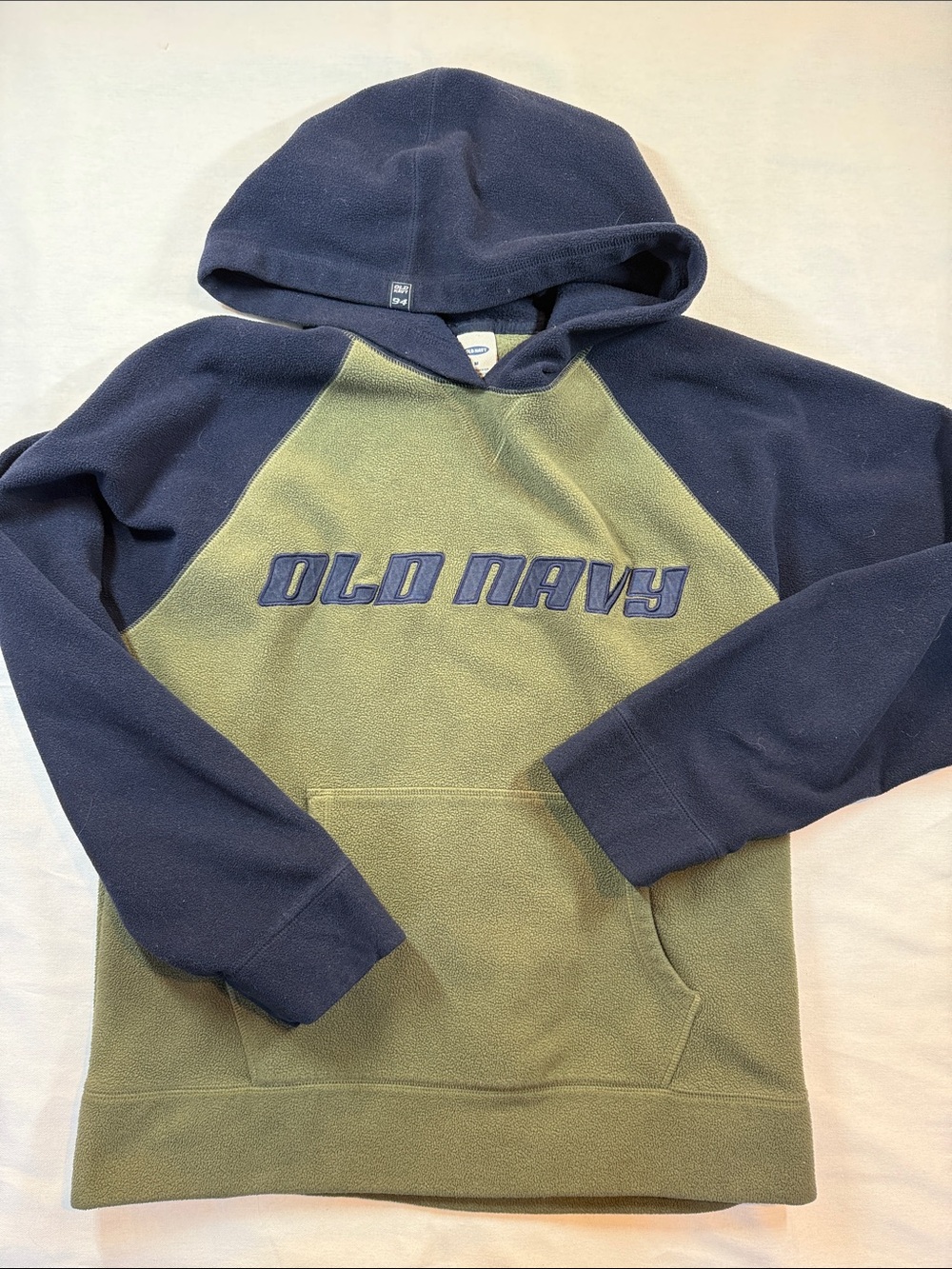 Y2K Vintage Old Navy Fleece Hoodie Colorblock Raglan Olive Navy Spell Out M